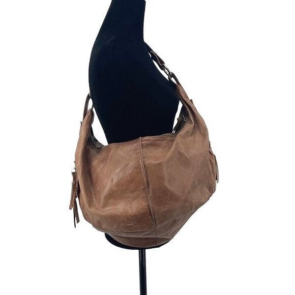 Tano Womens Distressed Studded One Strap Leather Hobo Handbag Brown OS - Picture 2 of 8